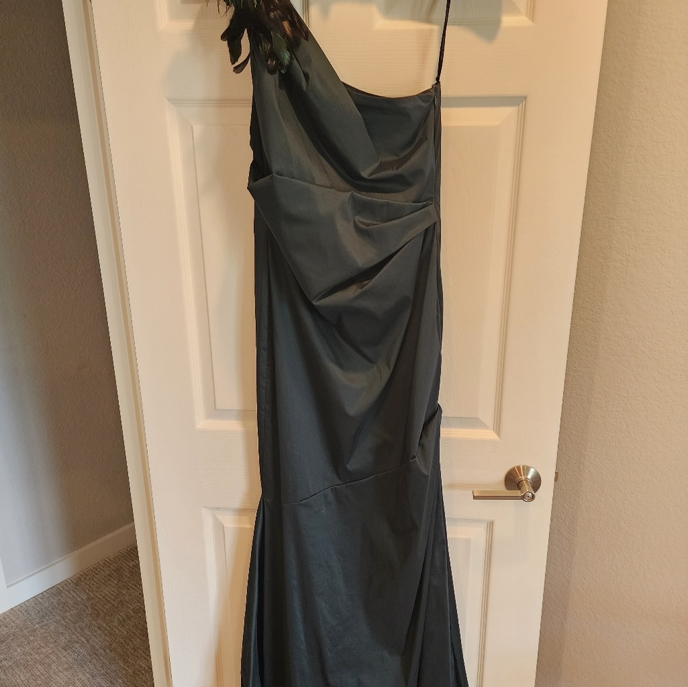 David Meister Green Taffeta Evening Gown - Mermaid - One Shoulder